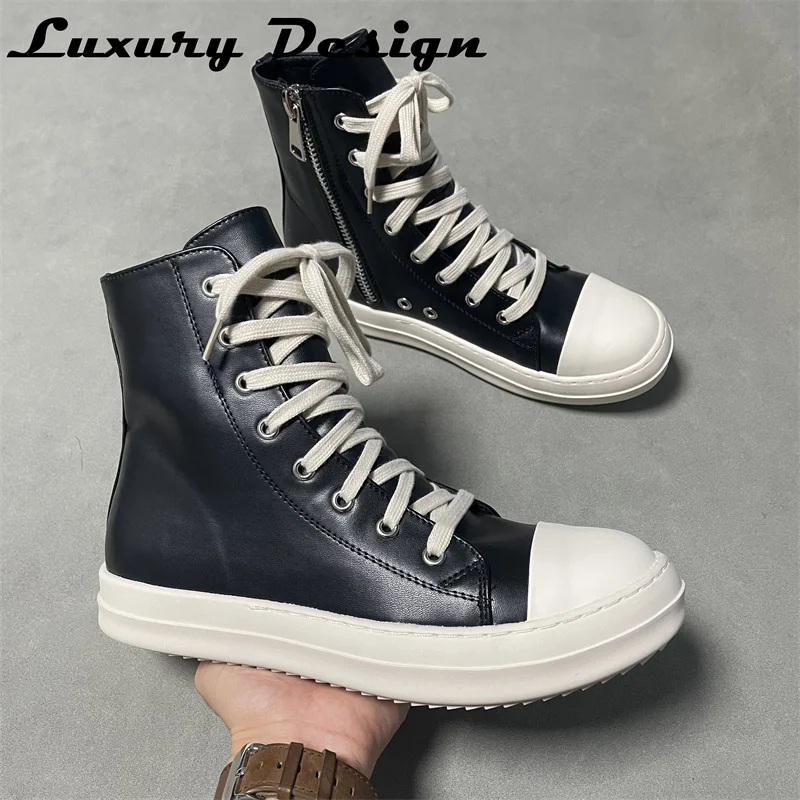 Shoes Platform Sneakers Rick Owens Shoes Leather Canvas High Top Black Size  Womens Men's Shoes Chunky Sneakers Casual Shoes Zip up Lace Up 