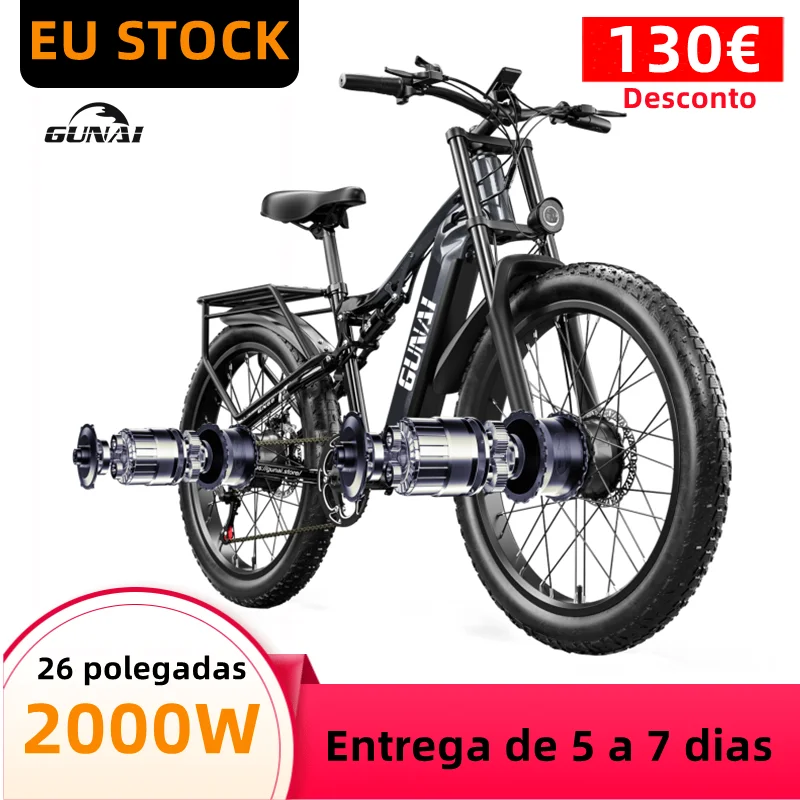Gunai Bicicletta Elettrica 2000W Doppio Motore, Con Batteria 48 V17Ah Adulti Moto, 3.0*26 Pollici Fatbike Pneumatico Elettrico Dirt Snow Bike