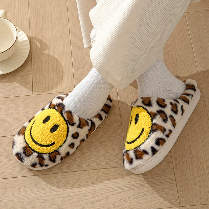 Leopard Fluffy Slippers for Home Smile Designer Platform Shoes Women 2024 Indoor Plush Sliders Warm Flats Chic Winter Footwear 5