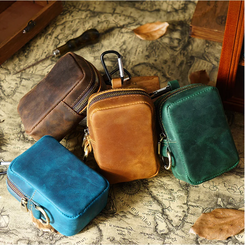 Cowhide Leather Waist Bag Crazy Horse Leather Belt Pouch Bags Card Holder Key Wallets Zipper Purse Coin Pocket Card Holder