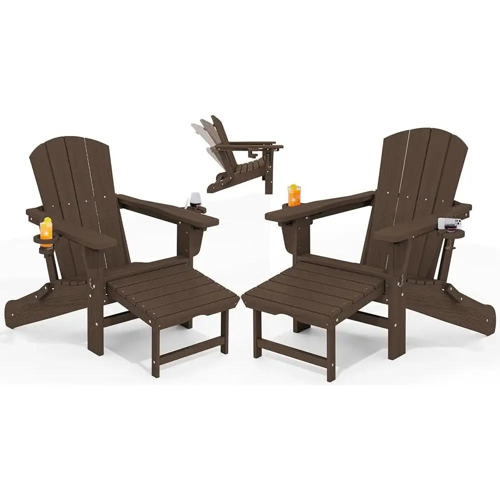 Folding Adjustable Adirondack Chair Set with Ottoman and Cup Holder Outdoor Relaxation Oversized Reclining Lounger 2 Pcs 2