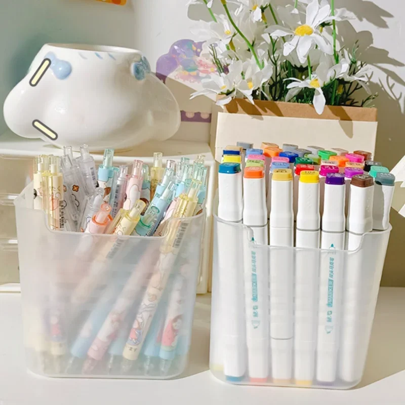 Pen Holder Desk Organizer Large Capacity Plastic Pen Holder Desktop Storage Desk Organizer Pencil Display Cup Simple Stationery Box Office Accessories