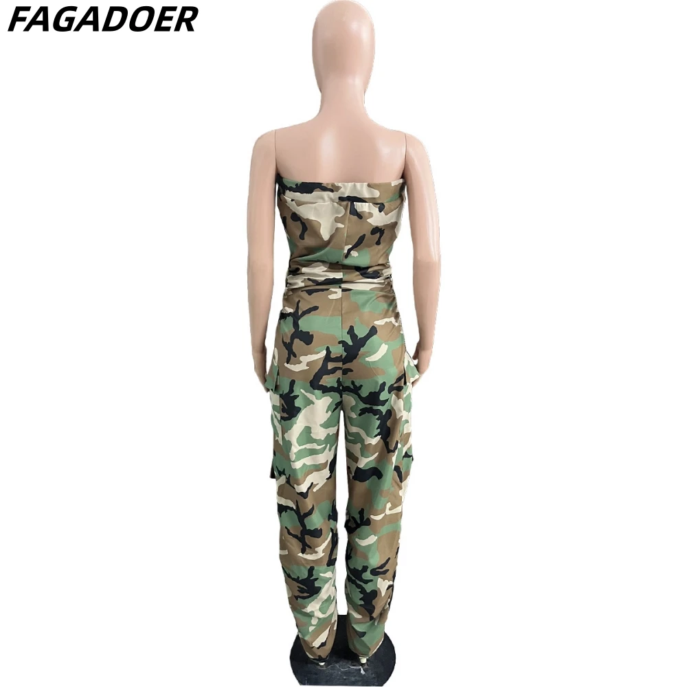 FAGADOER 여성용 위장 빈티지 포켓 카고 바지 점프수트, 스트랩리스 버튼 캐주얼 플레이수트, 와이드 레그 팬츠 롬퍼, 가을