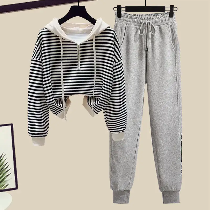 Spring Autumn Outfits Women's 2023 New Korean Version Loose Half Zipper Striped Sweater+Two Piece Feet Casual Pants Set plush cardigan sweater men s local korean version zipper knit sweater autumn and winter thick hooded sweater large jacket men