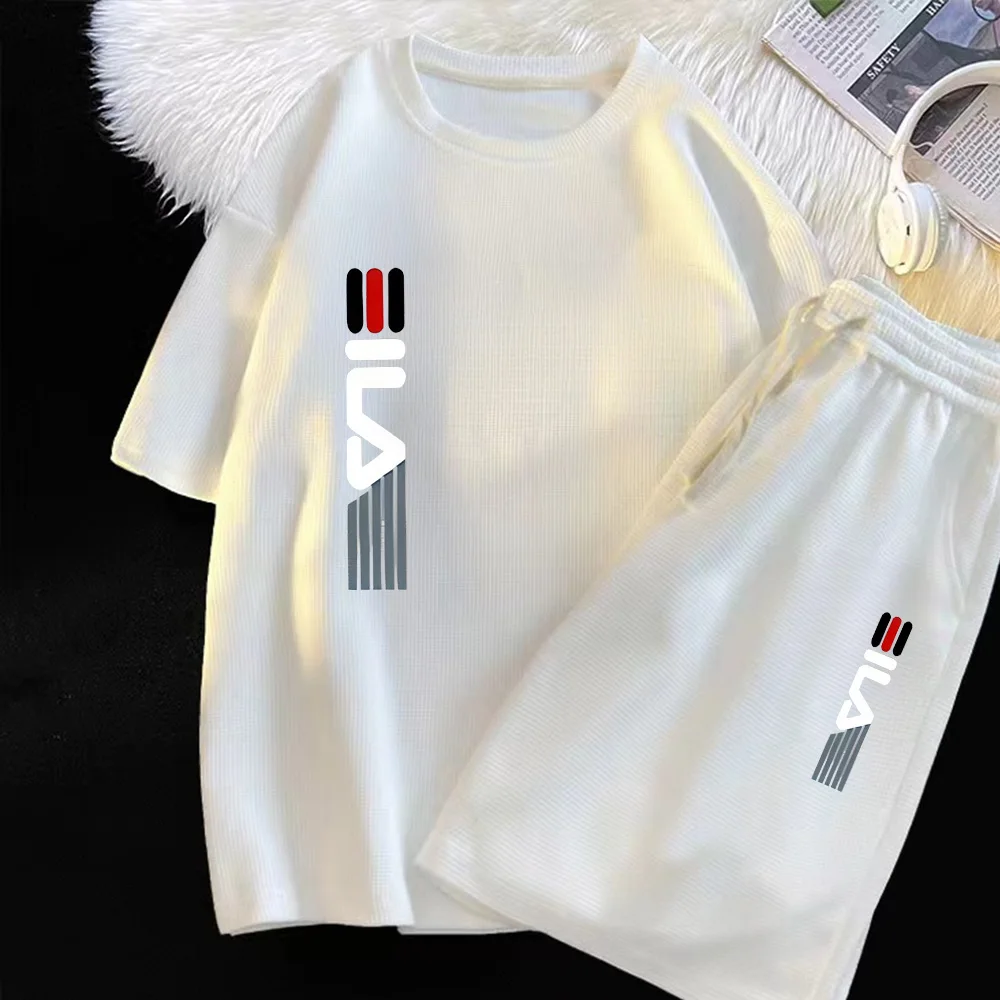 Conjunto de dos piezas de marca de verano con diseño de gofres para hombre, camisetas, pantalones cortos, traje deportivo, conjunto de jogging, chándal informal para hombre, conjunto masculino