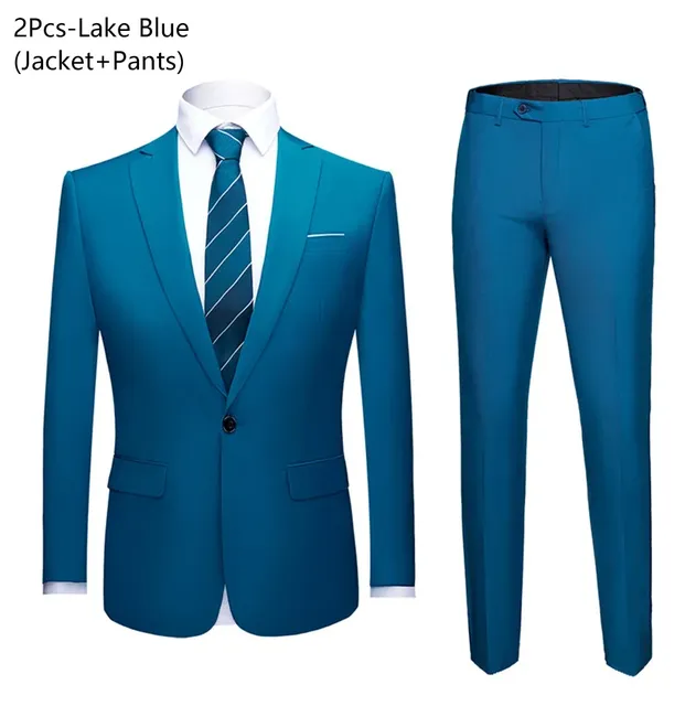 Wedding Suit For Men Set Elegant Blazers Formal 3 Pieces Full Jackets Vest Pants Classic Business Coats 2024 Free Shipping - LakeBlue2-piece suit, M (45-50KG)