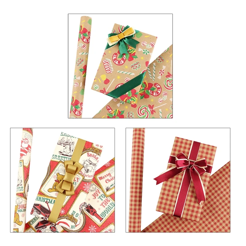 

Christmas Gift Wrapping Paper Roll Candy Cane Bear Stamp Red Plaid Print DIY Packing Present Decoration Accessories