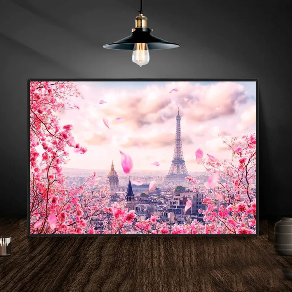 

Eiffel Tower In Springtime Poster Prints Living Room Home Decor Sakura Cherry Blossom Paris Landscape Canvas Painting Wall Art