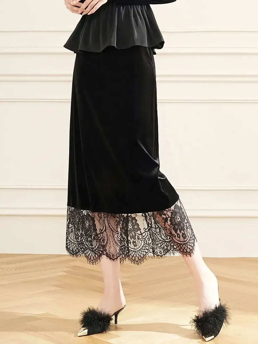 

Женская юбка с высокой талией LOUIS YAO, элегантная кружевная длинная юбка в стиле пэчворк, модные прямые женские юбки с эластичным поясом