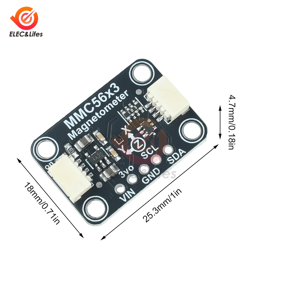 Vue de dessus du capteur magnétique MMC5603 3 axes avec composants SMD et connecteur I2C