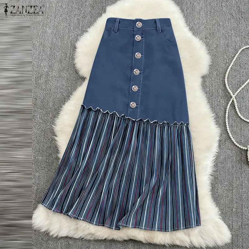 Autumn Denim High Waist Patchwork Skirt for Women