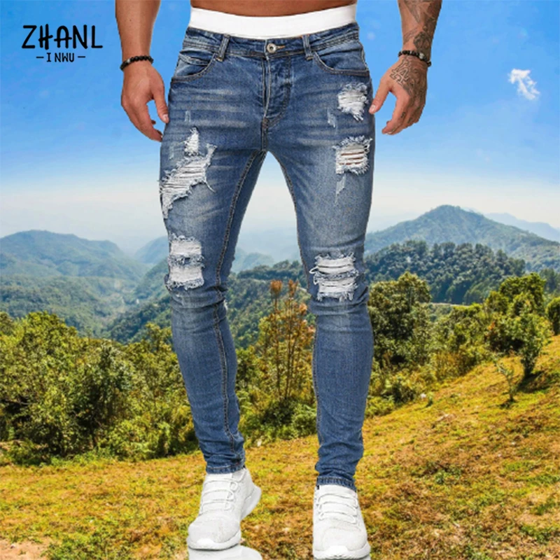 Men's Fashion Ripped Jeans Streetwear Mens Black Jeans Slim Fit Hip Hop Skinny Pants High Quality Denim Clothing Casual Trousers 2