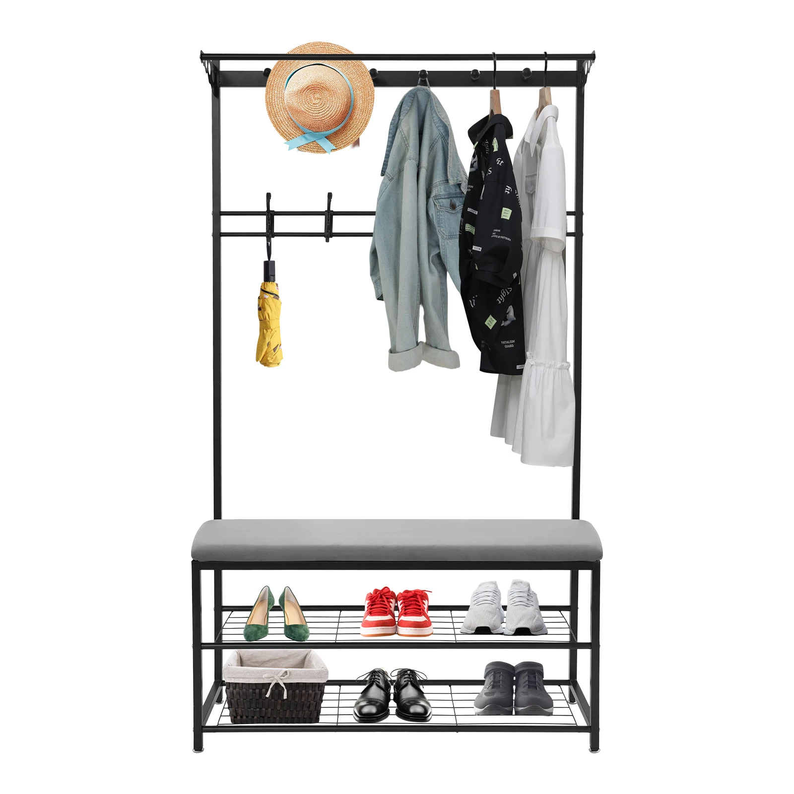100cm Garderobenbank mit Stauraum, 6 Haken, Schuhregal, offenes Regal-Design, multifunktional für kleine Flure und Apartments – Detail 26