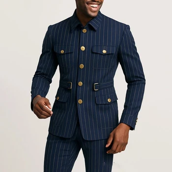 Abiti da uomo eleganti gessati Moda monopetto Stand Risvolto Slim Fit Abbigliamento maschile Set di pantaloni giacca da 2 pezzi personalizzati