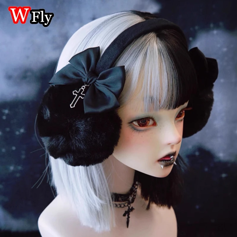 Lolita Women&rsquo;s Harajuku Steampunk Y2K GIRLS lace bow Cross pendant keep warm headband Plush foldable earmuffs Earmuff Ear Muff warm earmuffs