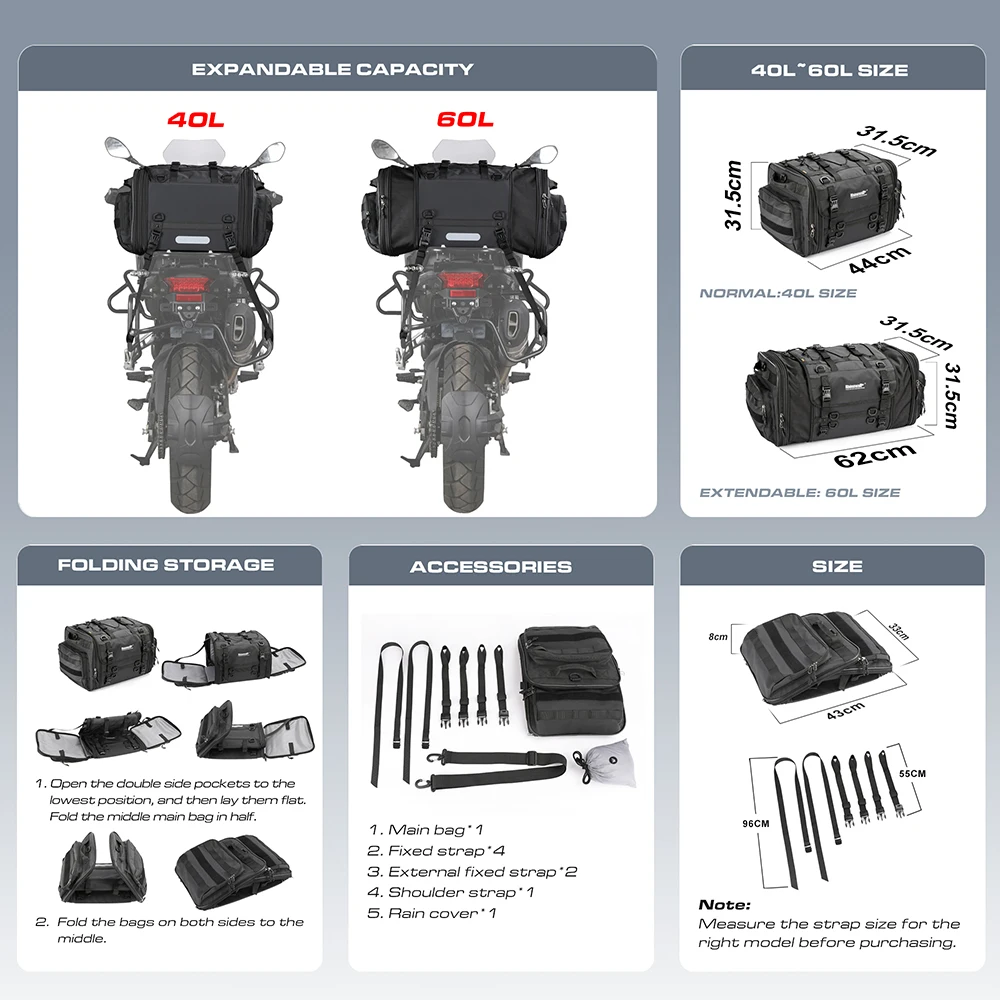 Rhinowalk Motorcycle Rack Bags 19L-26L /40L-60L Waterproof