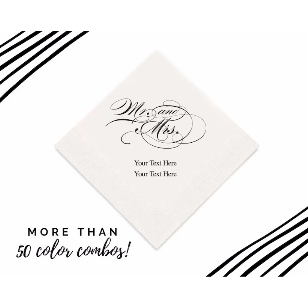 

50 Pcs Wedding Napkins - Mr and Mrs - Script Printed Napkins - Anniversary - Vow Renewal -Cocktail -Luncheon - Dinner- Printed