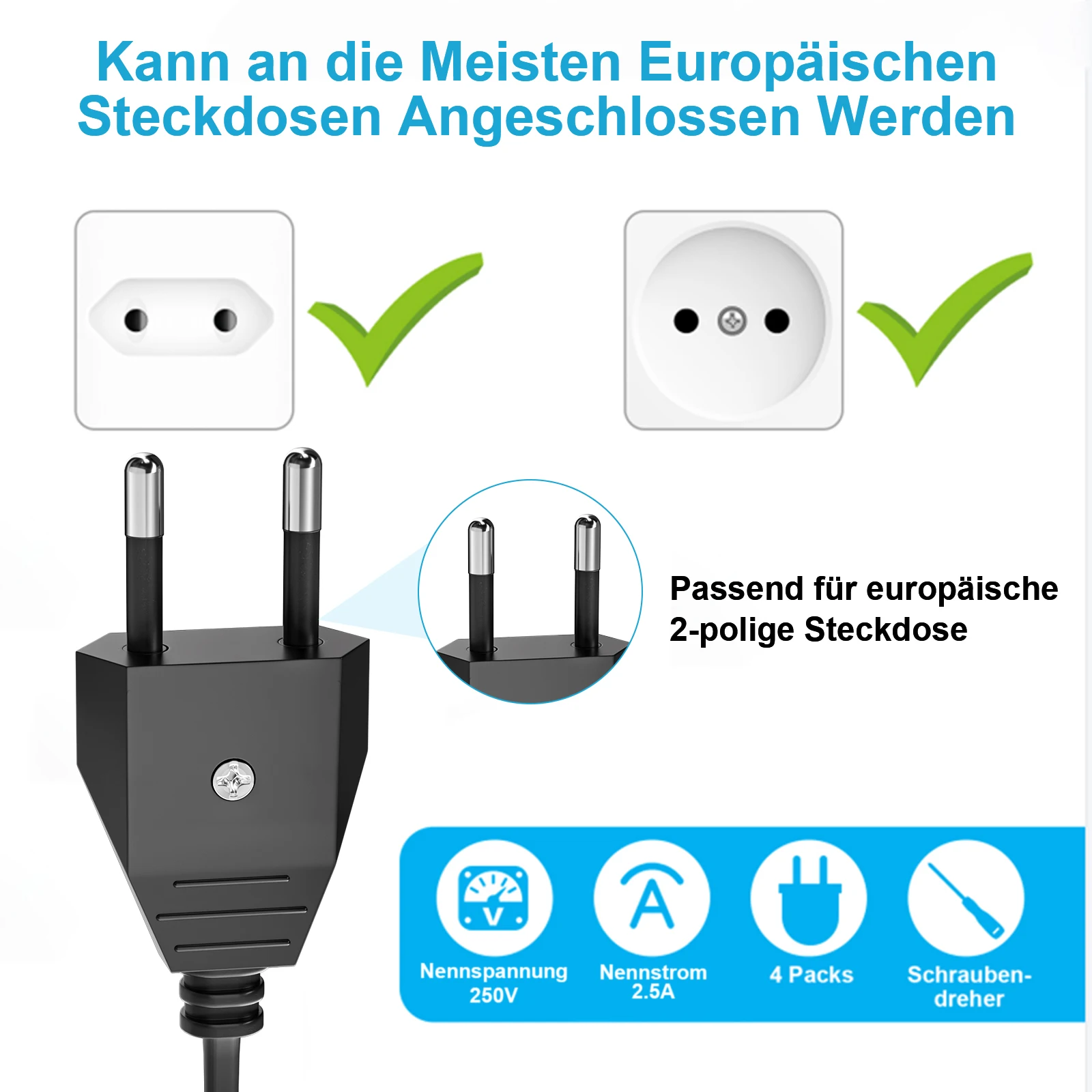 6/8PCS EU Electrical Plug Adapter Replacement Rewireable Outlets European 2 Pin Male Plug Power Socket Extension Cord Connector electrical plug adapter