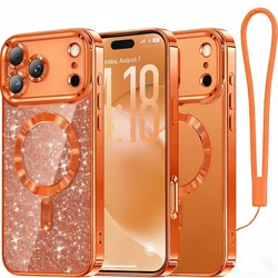 Sparkling Magnetic Phone Case with Shockproof Wrist Strap & Bling Clear Lens Protector - iPhone 15 Plus (Orange)