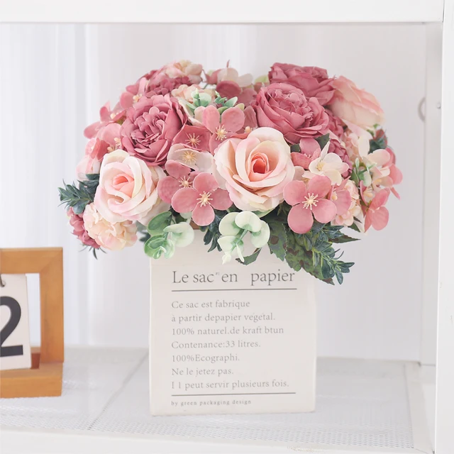 Fleurs artificielles soie rose pivoine hortensia mariée Bouquet chambre maison décorations de Table de noël fête mariage Rose fausses plantes 6