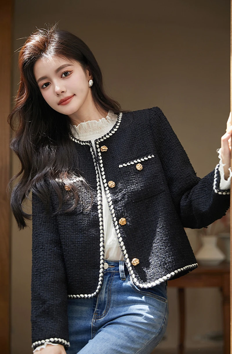 Vintage Cropped Tweed Jacket Women Black Quilted Coat Elegant Blazer Winter Ladies Single Breasted Thicken Outerwear Tops