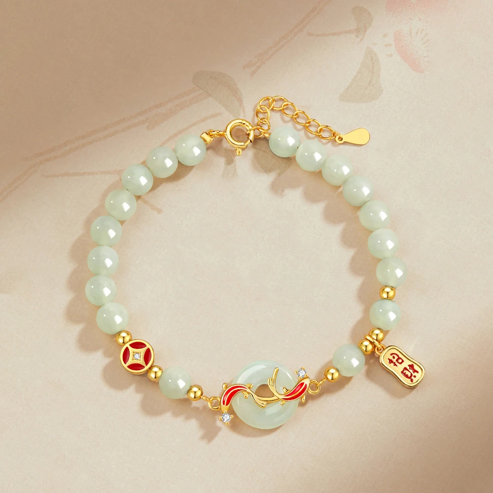 Besonderes exquisites Jadeit-Perlenarmband vom Typ A zum Valentinstag, von Koi-Fischen inspiriertes Hetian-Jade-Friedenschnallenarmband für Frauen