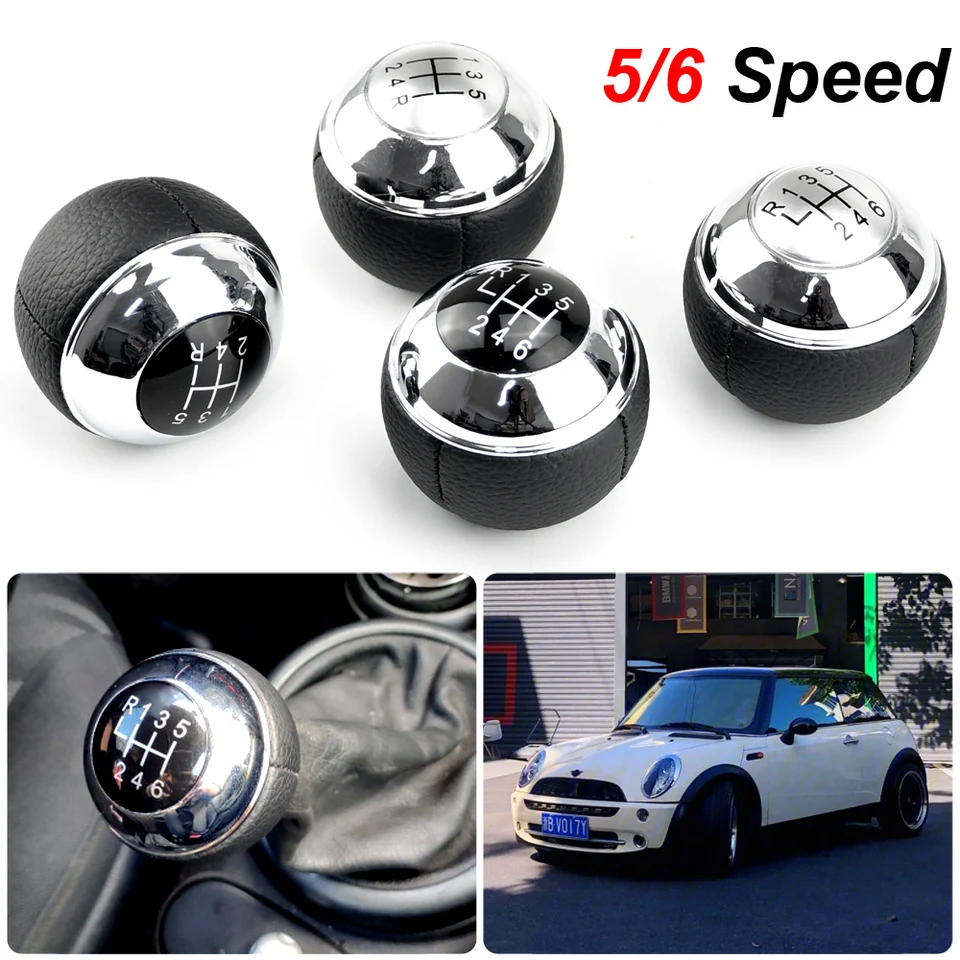 Manual 5 Speed 6 Gear Shift Knob Shifter Lever Leather Chrome For