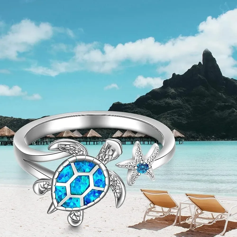 Chic K-Plated Sea Turtle & Starfish Ring Ocean-Inspired Gift for Girls womens ring,ring jewelry