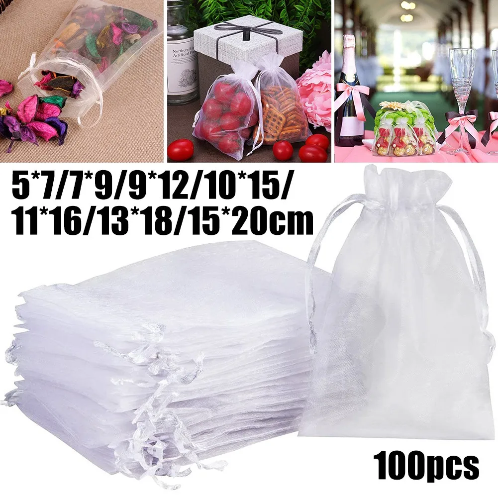 100pcs/lot Organza Gift Bag For Jewelry White Drawstring Pouches For Wedding Christmas Candy Gift Bags Jewelry Packing