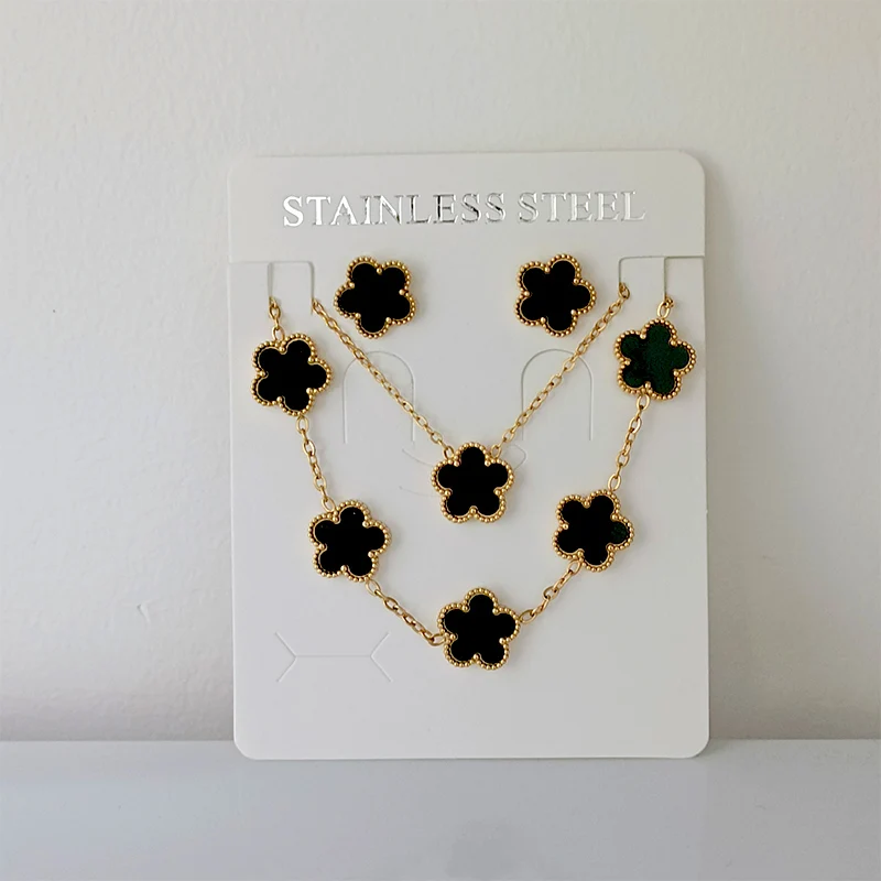 3Pcs 18k Gold-Plated Five-Leaf Flower Necklace Earrings Bracelet Jewelry Set For Woman Fashion Party Jewelry Daily Wear Clover main image 0