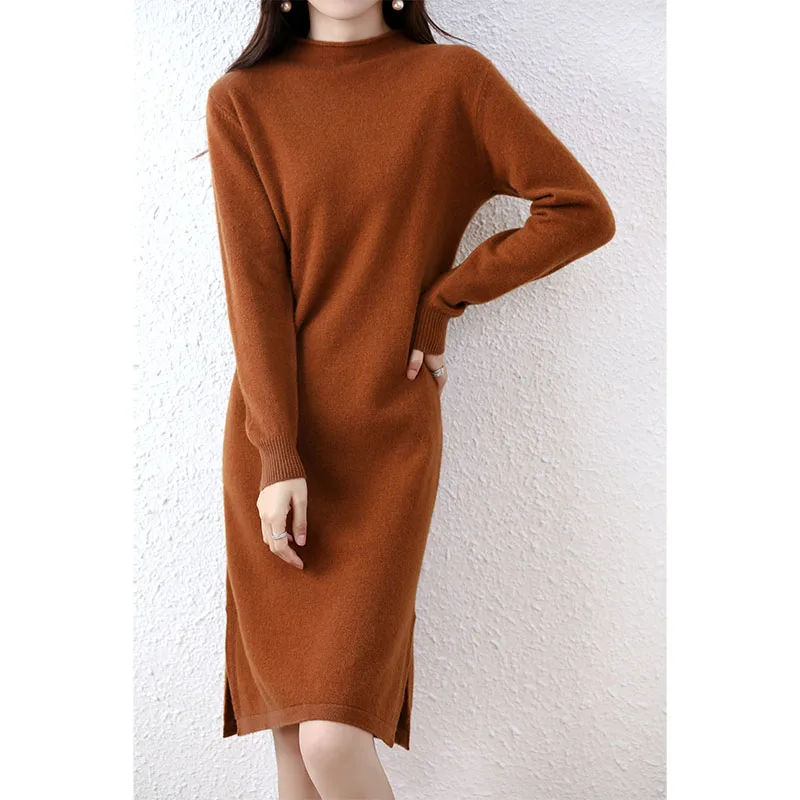 Tailor Sheep 100% Merino Wool Knitted Sweater Dress for Women Winter/Autumn O-Neck Female Dresses Long Style Jumper Girl Clothes