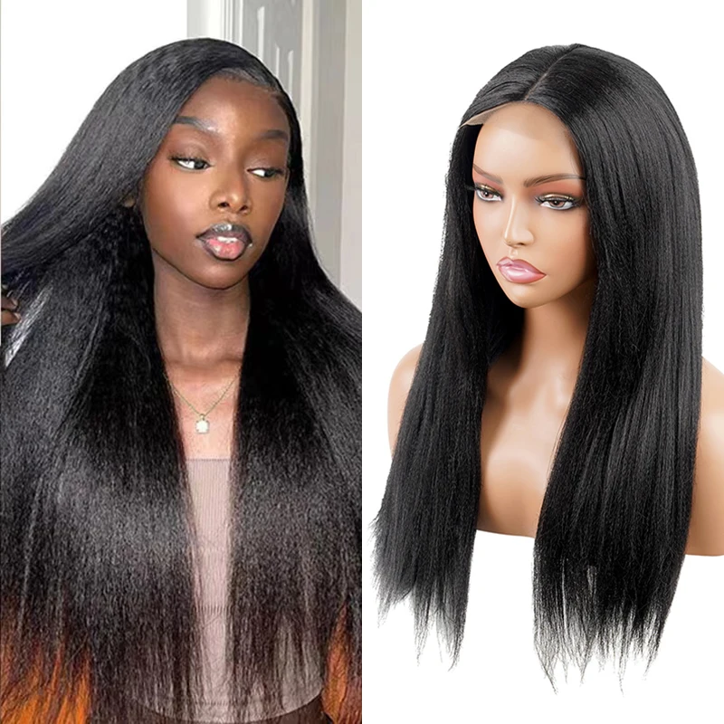 

Afro Kinky Straight Wig 180% Density Black Yaki Hair Middle Part Synthetic Wigs For Women High Quality Heat Resistant Fiber