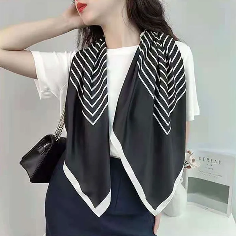Damen Koreanischer Stil Minimalistischer Gestreifter Twill-Seidenschal 90cm, Vielseitiger Schal & Kopftuch – Detail 10