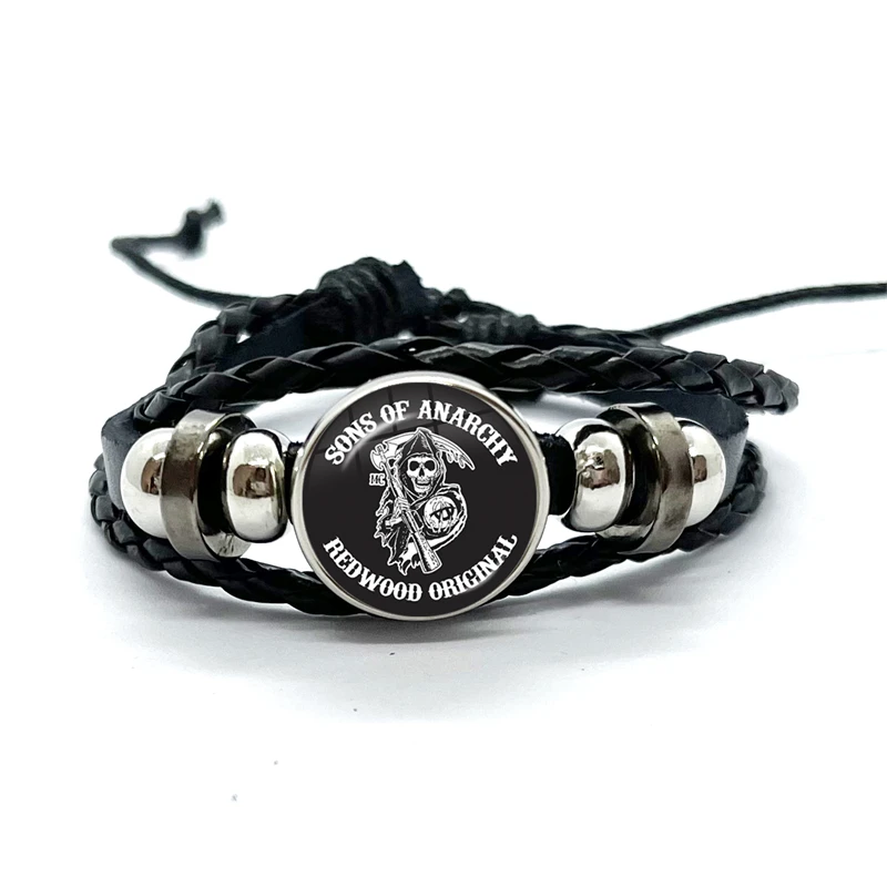 Sons Of Anarchy LOGO Leather Bracelets Freedom Symbol Pendant анархия Glass Dome Bracelet & Bangles Rock Punk Jewelry Gifts
