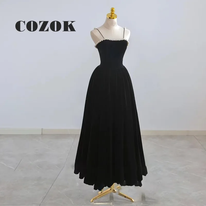

Black Velour Square Collar Spaghetti Strap Sexy Elegant Evening Dress A Line Back Lace Up Prom Gowns Robes De Soirée SX92