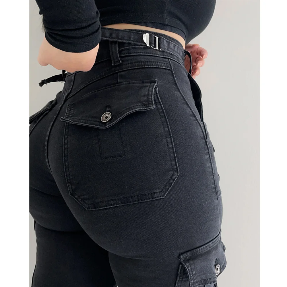 Women Straight Cargo Jeans Women's Streetwear Stretchy High Waisted Jeans Unique Multi-Pocket Female Trousers Pocket Design 4