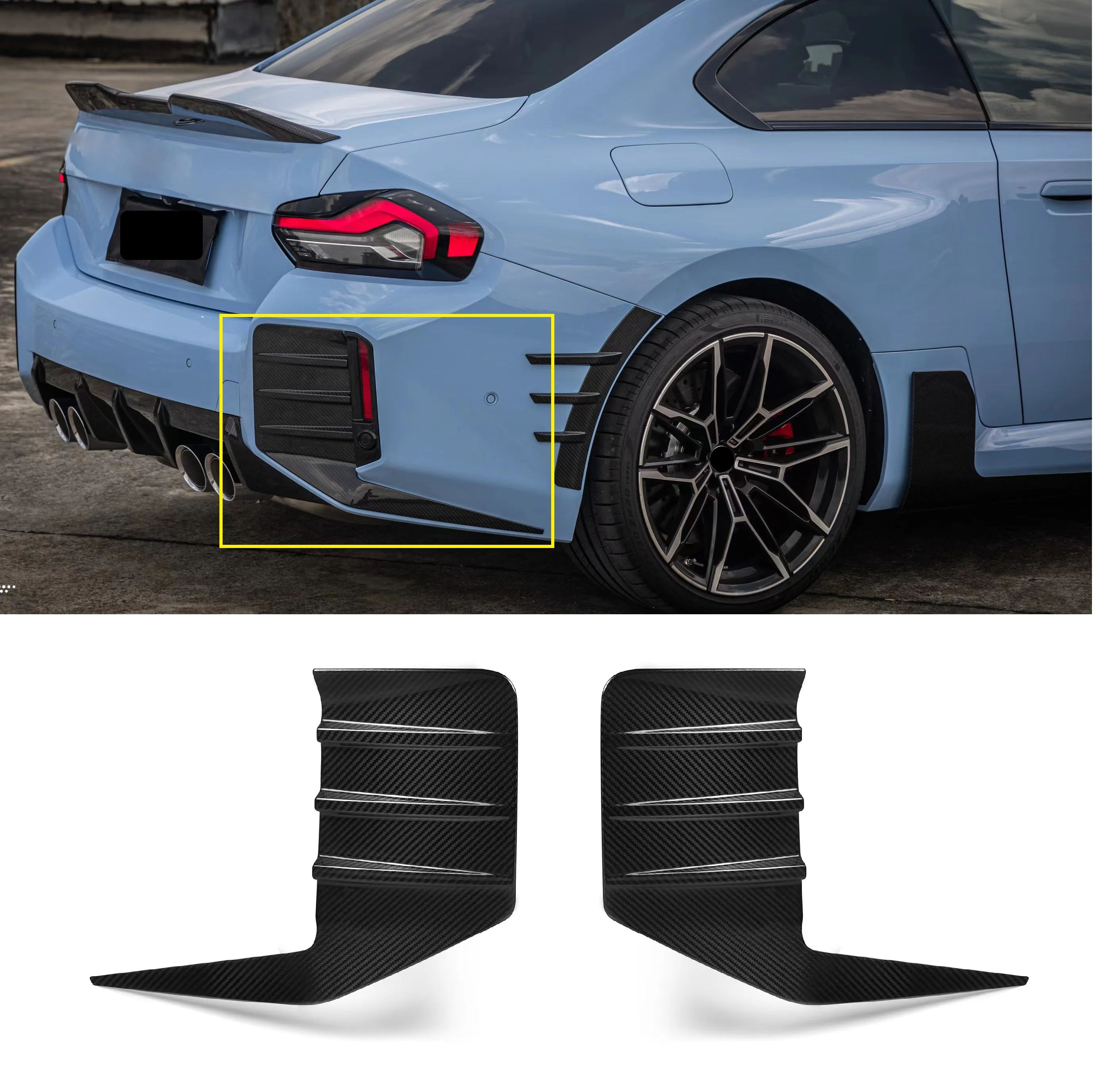 

Real Dry Carbon Fiber Car Rear Bumper Splitter Fog Light Cover Air Vent Trim Side Outlet Intake Frame Set For BMW M2 G87 2022 up