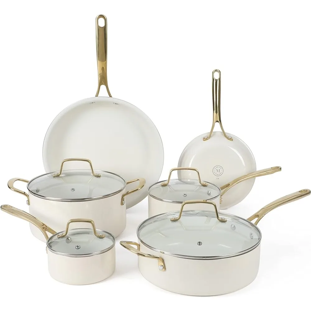 

Premium Nonstick Free Ceramic10 Piece Heavy Gauge Enamel Aluminum Pots and Pans Cookware Set - Linen White w/Gold Handle