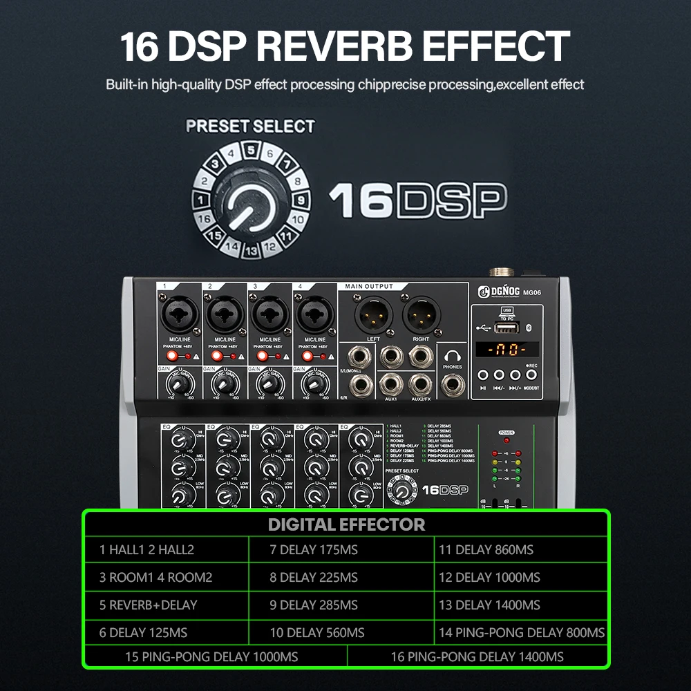 DGNOG MG06 프로페셔널 DJ 오디오 믹서 48V 팬텀 파워 16 DSP USB 블루투스 레코딩 믹싱 콘솔 무대 가라오케 스튜디오용