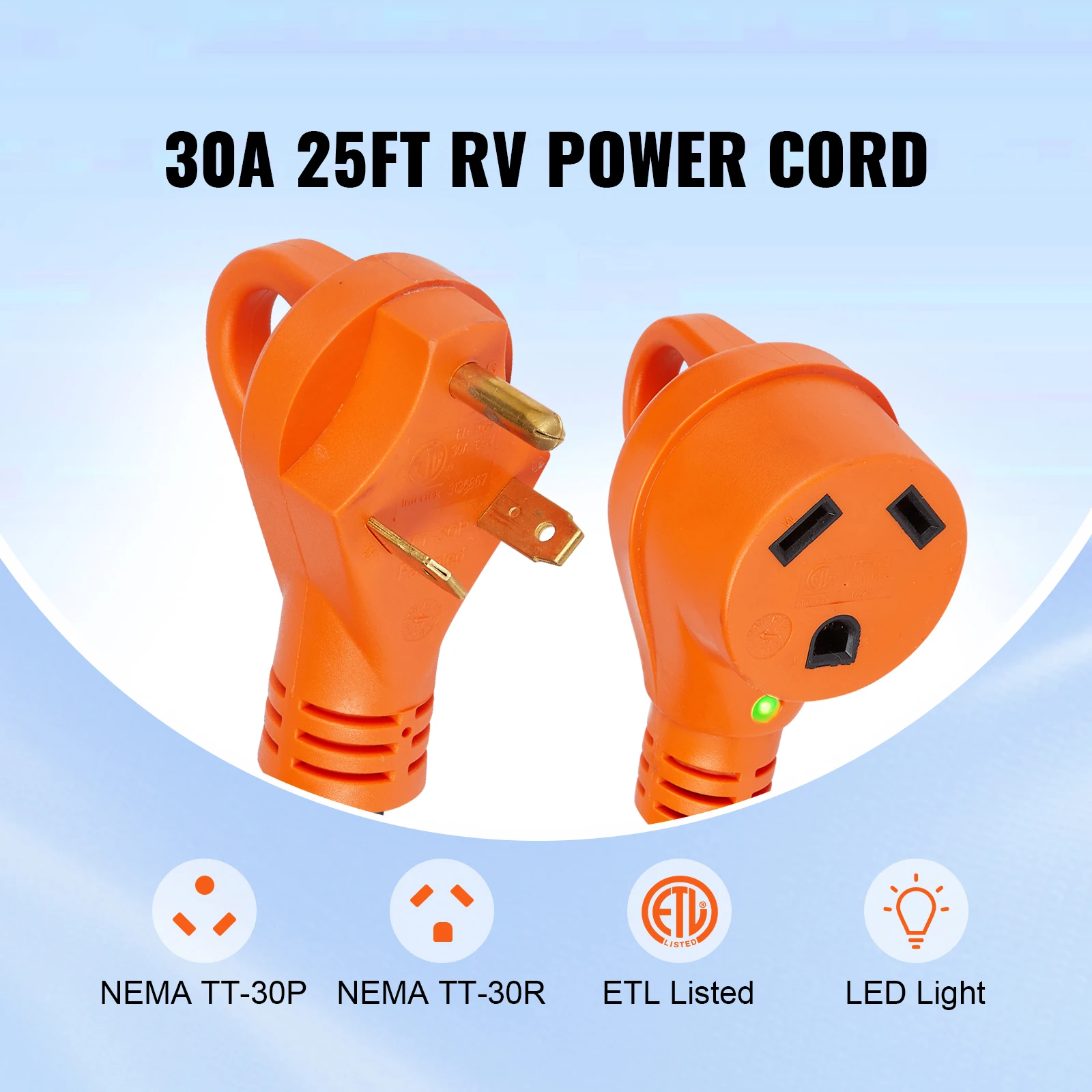 SucceBuy 25/50 ft RV Extension Cord 30/50 Amp STW RV Power Cord & LED Indicator Handle 15A Adapter for RV&Generators, ETL Listed