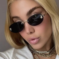 Diamond Rimless Sunglasses Women Luxury Brand Metal Frame Black Small Oval Sun Glasses Unsiex Elegant Shades UV400