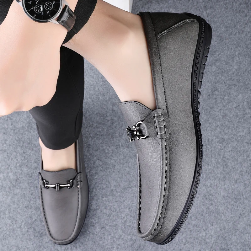 Genuine Leather Metal Buckle Loafers Men's Flat Driving Shoes Simple Business Leather Shoes Comfortable Soft Soled Walking Shoes 3