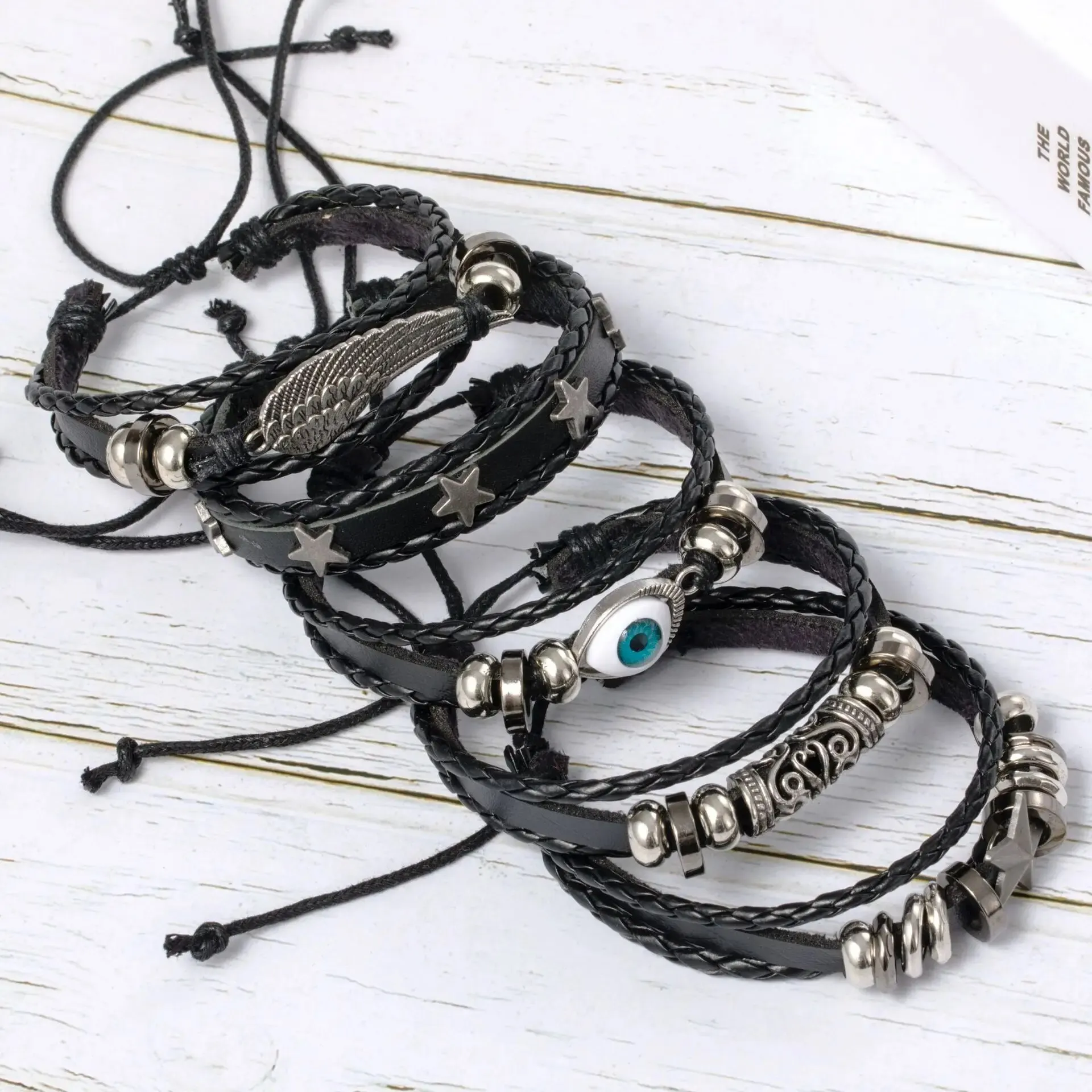 5pcs Evil Eye Wing Star Diy Braided Punk Style Bracelet Set, Featuring Pu Leather And Beads 6
