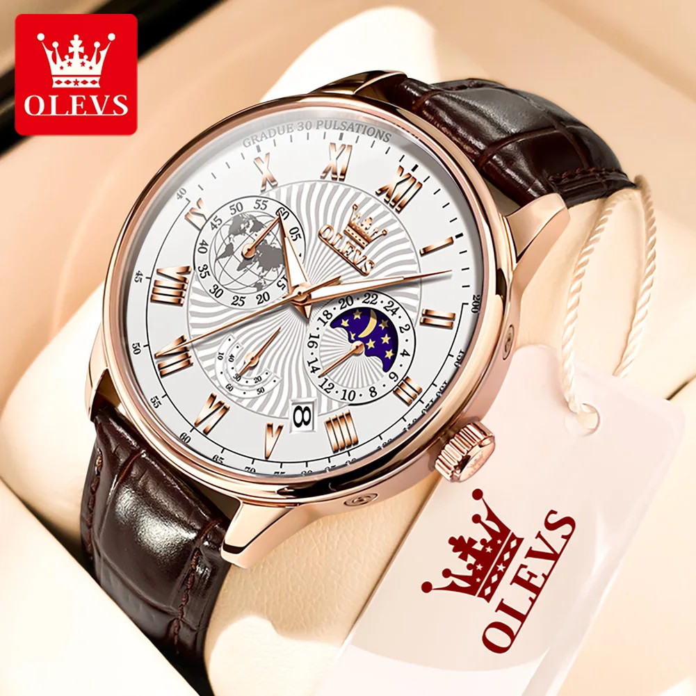 Olevs Original Moonswatch Fashion New Quartz Watch For Men Cinturino In Pelle Cronografo Da Uomo Impermeabile Moon Phase Orologio Da Polso Da Uomo