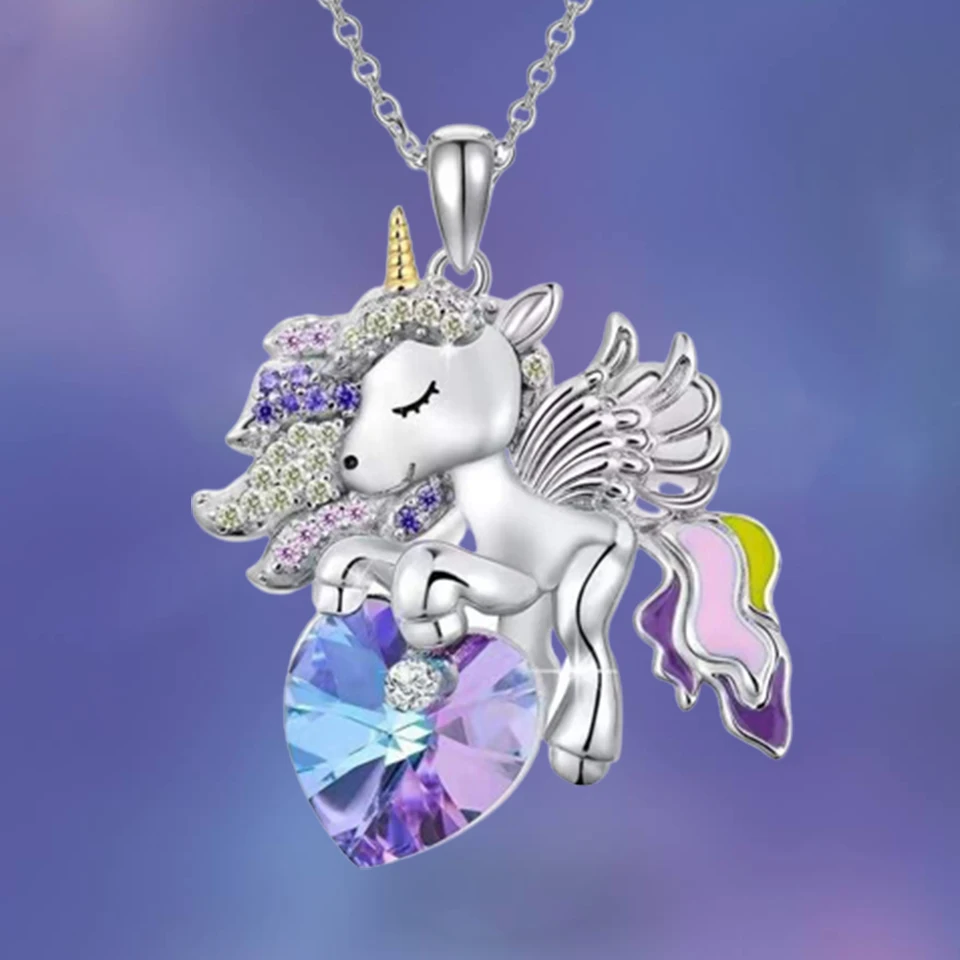 Unicorn Necklace for Women Wing Pony Animal Blue Purple Crystal Heart Color Drip Oil Pendant Jewelry Gift for Girl Collares Muje