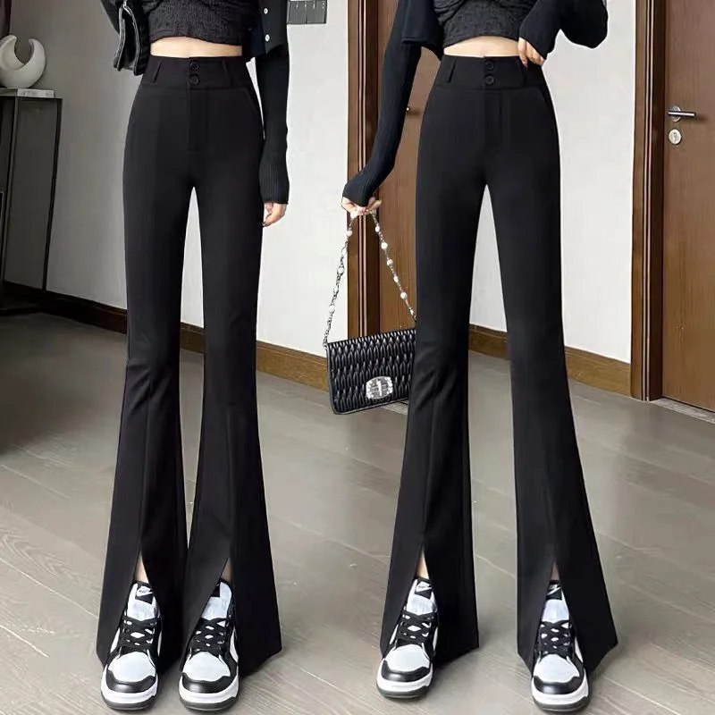 Women Spring New High Waist Chiffon Micro Flared Pants Fashion Split Zipper Button Pocket Slim Look Thinner Versatile Suit Pants