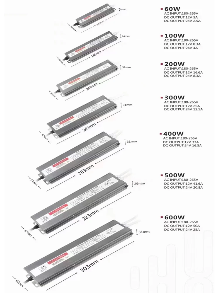 야외 방수 IP67 램프 조명 변압기, AC85-265V DC12V 24V LED 드라이버 전원 공급 장치, 100W 200W 300W 400W 500W 600W