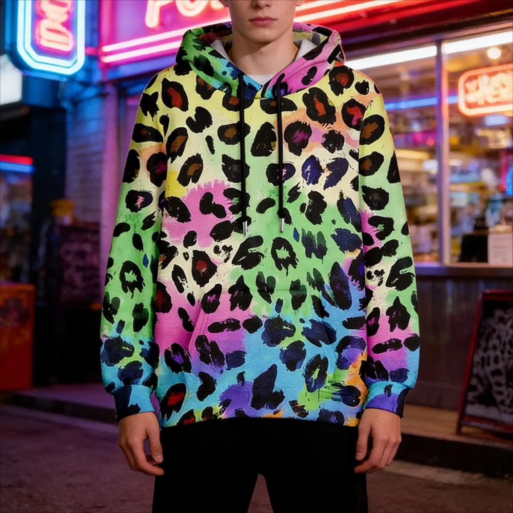 Bunter Leopardenmuster-Hoodie für Herren, Farbverlauf, Batik-Langarmpullover, urbaner Street-Style-Kapuzenpullover, Paar-Outfits