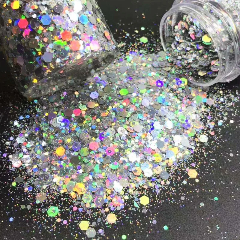 

10g(1Jar) Holographic Nail Glitter Laser Mixed Size Hexagon Chunky Nails Art Flakes Iridescent DIY Polish Manicure Nail Sequins