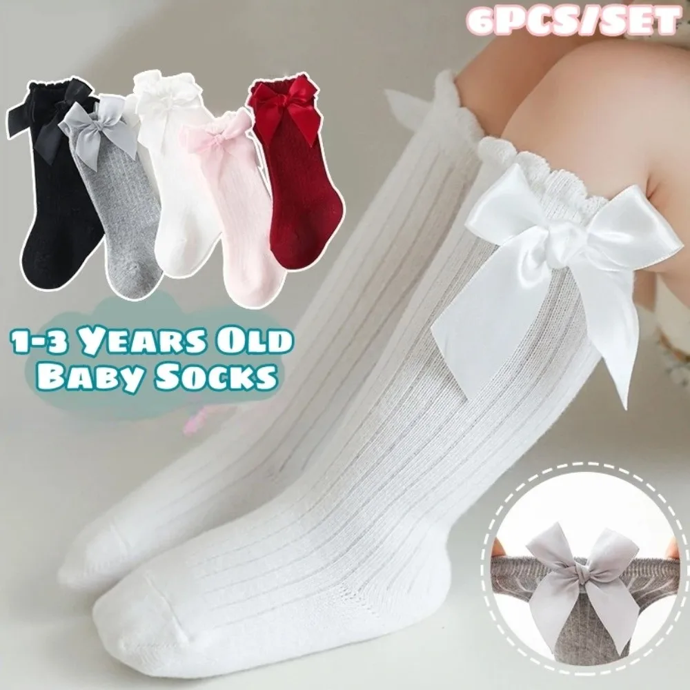 6 Pairs Fashion Long Baby Knee Socks Breathable Comfortable Kids Socks Anti-slip Soft Big Bow Hosiery Baby Clothing
